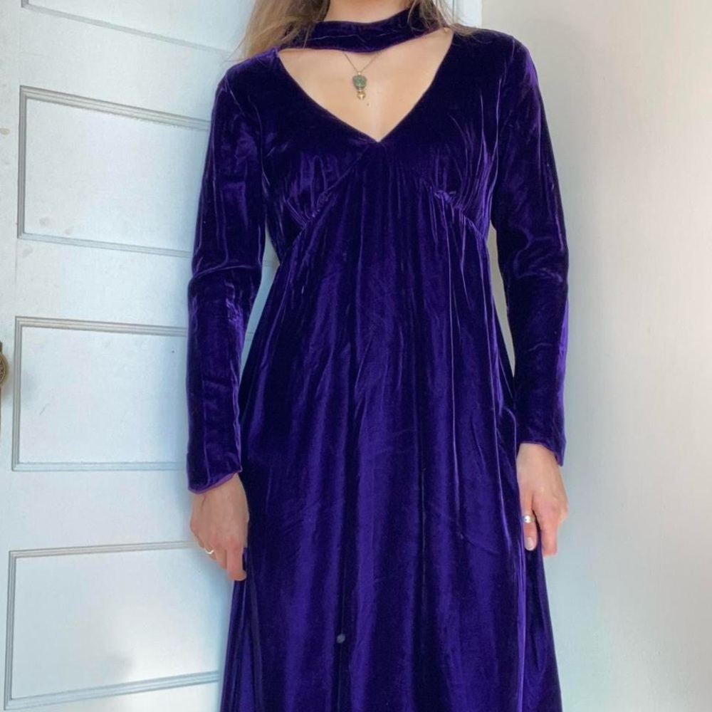 70s purple velvet cutout maxi dress